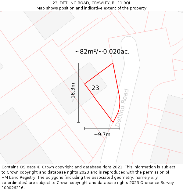 23, DETLING ROAD, CRAWLEY, RH11 9QL: Plot and title map