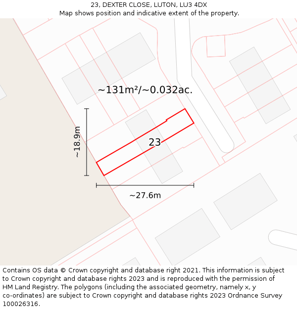 23, DEXTER CLOSE, LUTON, LU3 4DX: Plot and title map