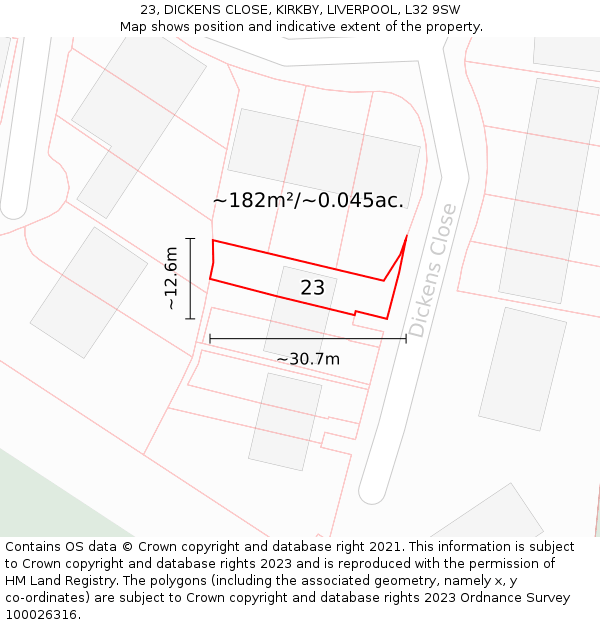 23, DICKENS CLOSE, KIRKBY, LIVERPOOL, L32 9SW: Plot and title map