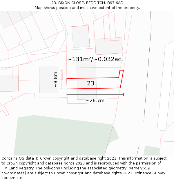 23, DIXON CLOSE, REDDITCH, B97 6AD: Plot and title map