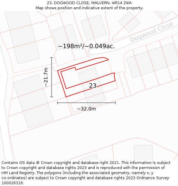 23, DOGWOOD CLOSE, MALVERN, WR14 2WA: Plot and title map
