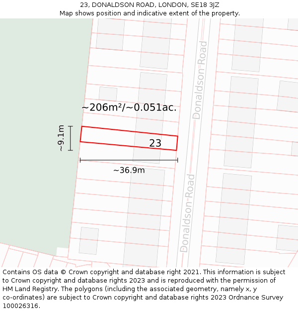 23, DONALDSON ROAD, LONDON, SE18 3JZ: Plot and title map