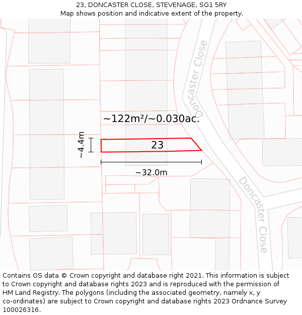 23, DONCASTER CLOSE, STEVENAGE, SG1 5RY: Plot and title map