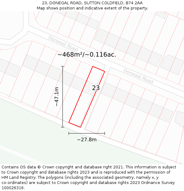 23, DONEGAL ROAD, SUTTON COLDFIELD, B74 2AA: Plot and title map