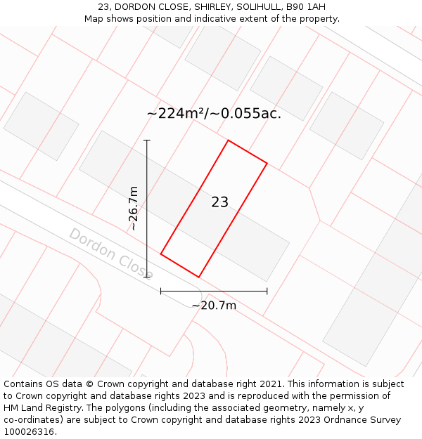23, DORDON CLOSE, SHIRLEY, SOLIHULL, B90 1AH: Plot and title map