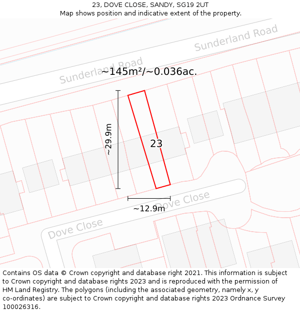 23, DOVE CLOSE, SANDY, SG19 2UT: Plot and title map