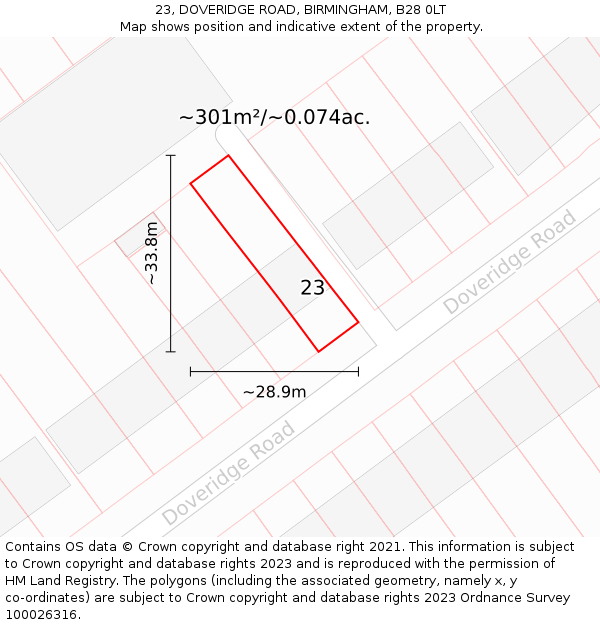 23, DOVERIDGE ROAD, BIRMINGHAM, B28 0LT: Plot and title map