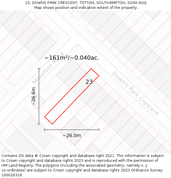 23, DOWNS PARK CRESCENT, TOTTON, SOUTHAMPTON, SO40 9GQ: Plot and title map