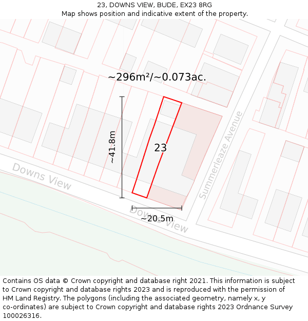 23, DOWNS VIEW, BUDE, EX23 8RG: Plot and title map