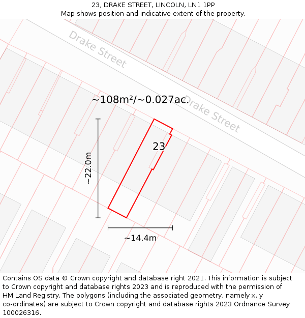 23, DRAKE STREET, LINCOLN, LN1 1PP: Plot and title map