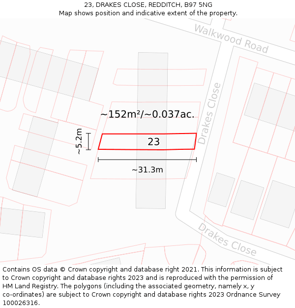 23, DRAKES CLOSE, REDDITCH, B97 5NG: Plot and title map