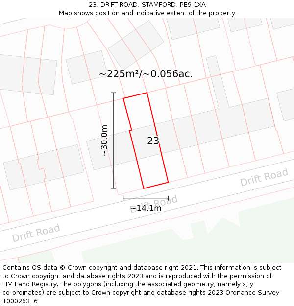 23, DRIFT ROAD, STAMFORD, PE9 1XA: Plot and title map