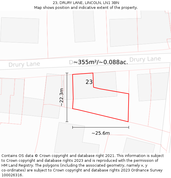 23, DRURY LANE, LINCOLN, LN1 3BN: Plot and title map