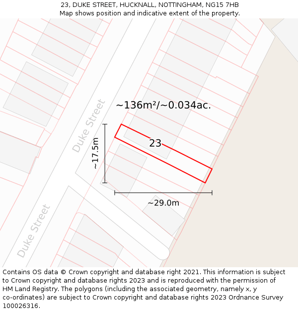 23, DUKE STREET, HUCKNALL, NOTTINGHAM, NG15 7HB: Plot and title map