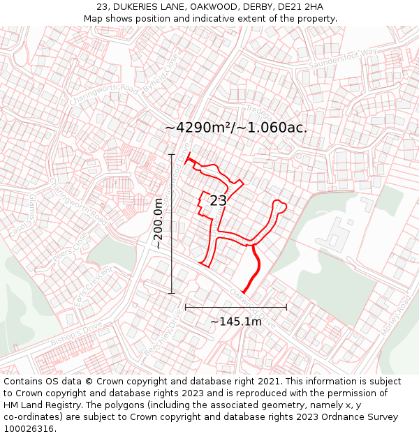 23, DUKERIES LANE, OAKWOOD, DERBY, DE21 2HA: Plot and title map