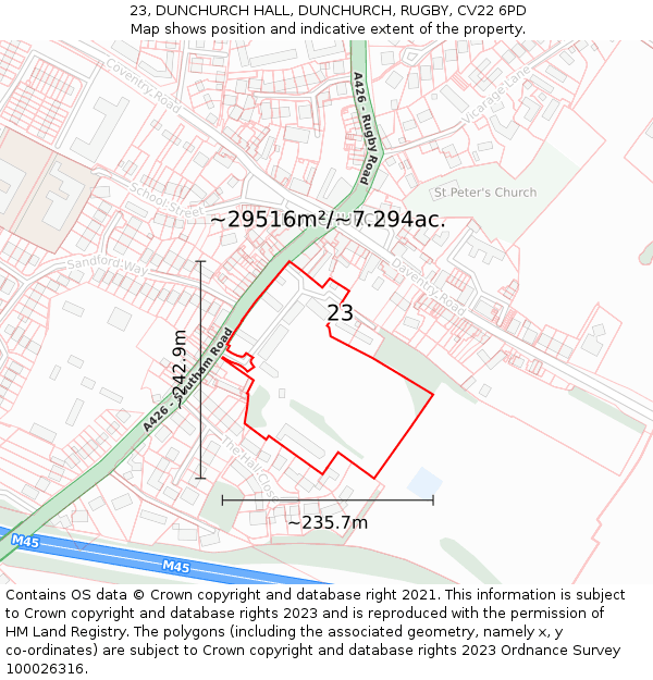 23, DUNCHURCH HALL, DUNCHURCH, RUGBY, CV22 6PD: Plot and title map