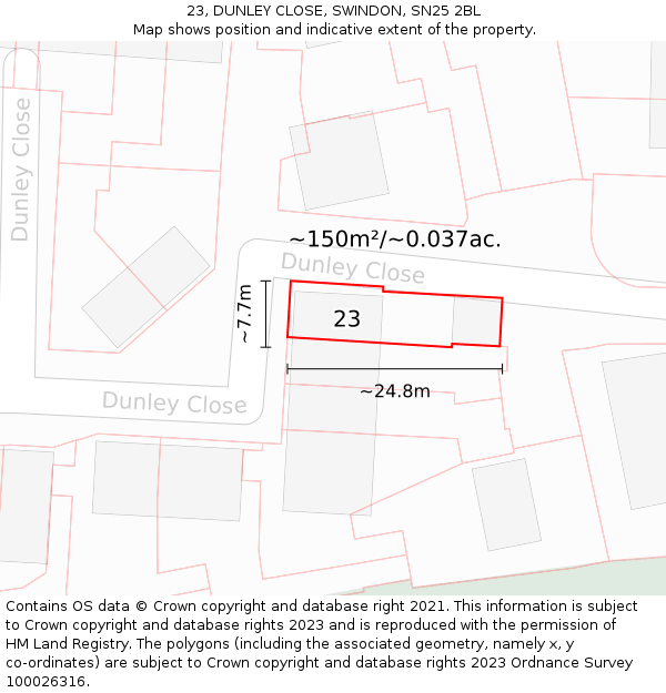 23, DUNLEY CLOSE, SWINDON, SN25 2BL: Plot and title map