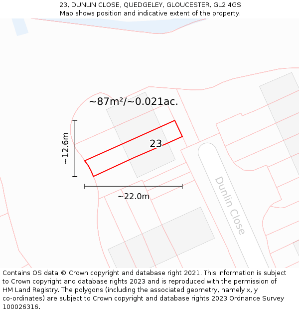 23, DUNLIN CLOSE, QUEDGELEY, GLOUCESTER, GL2 4GS: Plot and title map