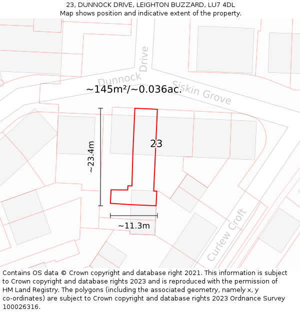 23, DUNNOCK DRIVE, LEIGHTON BUZZARD, LU7 4DL: Plot and title map
