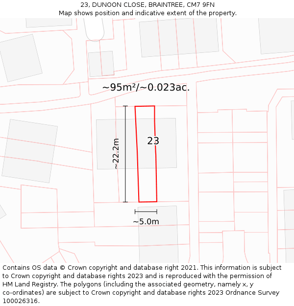23, DUNOON CLOSE, BRAINTREE, CM7 9FN: Plot and title map