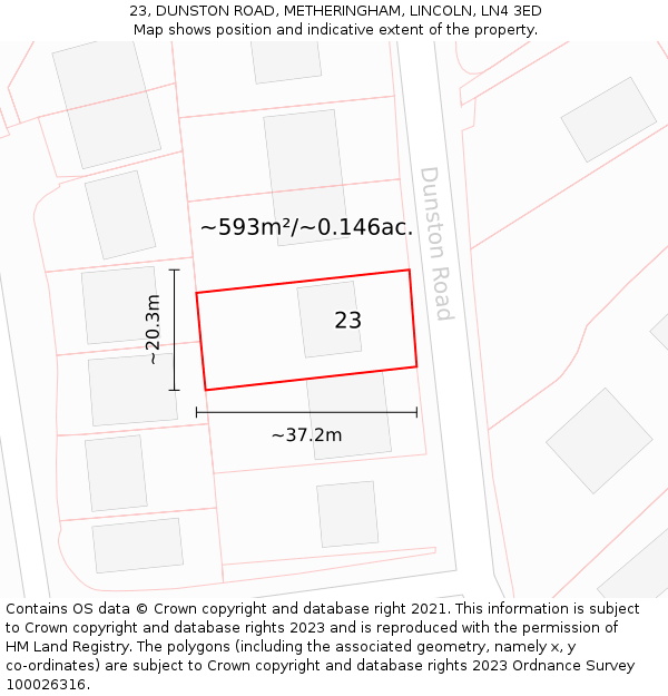 23, DUNSTON ROAD, METHERINGHAM, LINCOLN, LN4 3ED: Plot and title map