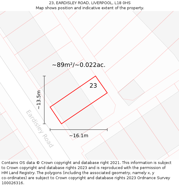 23, EARDISLEY ROAD, LIVERPOOL, L18 0HS: Plot and title map