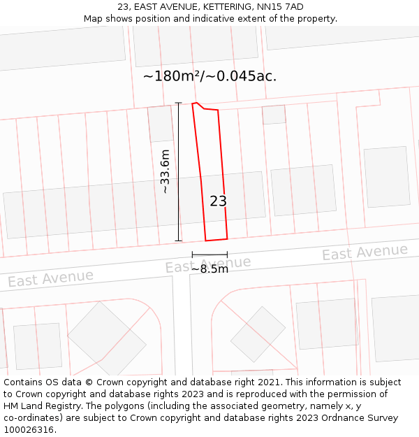 23, EAST AVENUE, KETTERING, NN15 7AD: Plot and title map