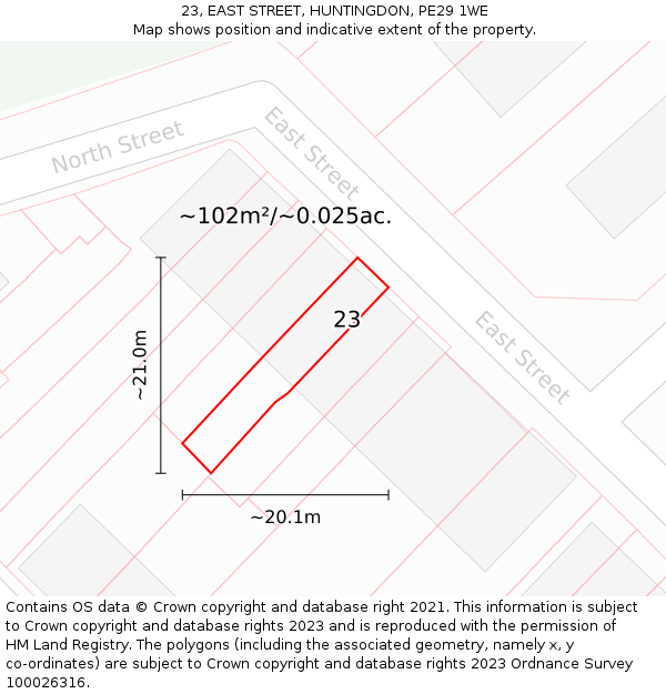 23, EAST STREET, HUNTINGDON, PE29 1WE: Plot and title map