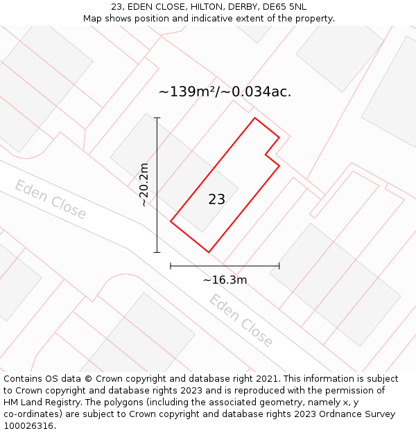 23, EDEN CLOSE, HILTON, DERBY, DE65 5NL: Plot and title map
