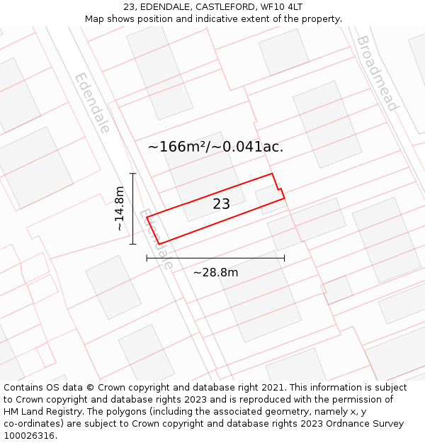 23, EDENDALE, CASTLEFORD, WF10 4LT: Plot and title map