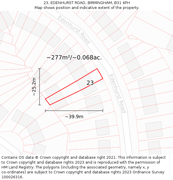 23, EDENHURST ROAD, BIRMINGHAM, B31 4PH: Plot and title map