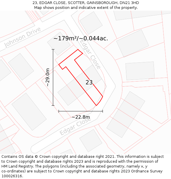 23, EDGAR CLOSE, SCOTTER, GAINSBOROUGH, DN21 3HD: Plot and title map