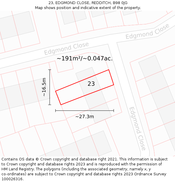 23, EDGMOND CLOSE, REDDITCH, B98 0JG: Plot and title map