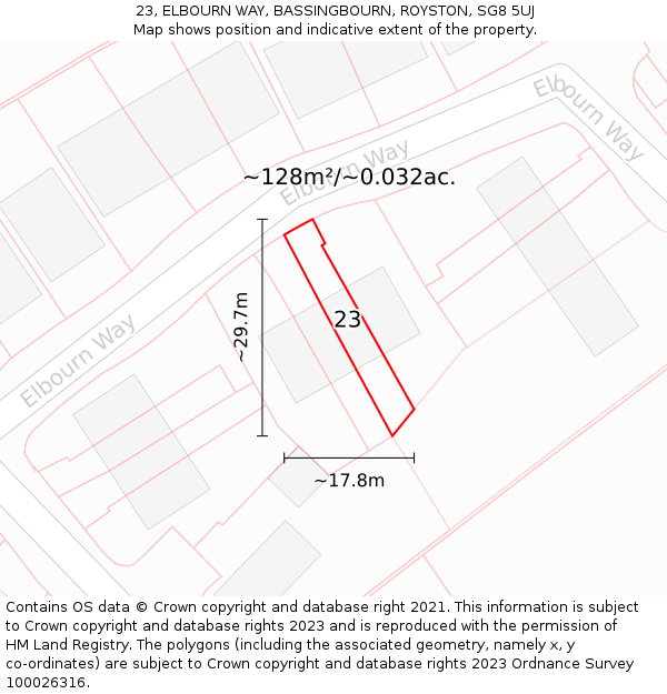 23, ELBOURN WAY, BASSINGBOURN, ROYSTON, SG8 5UJ: Plot and title map