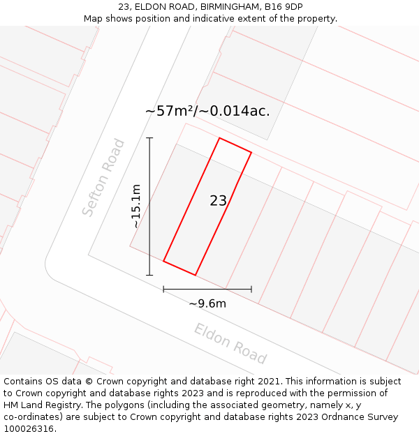 23, ELDON ROAD, BIRMINGHAM, B16 9DP: Plot and title map