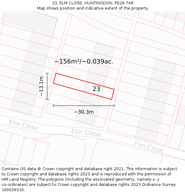 23, ELM CLOSE, HUNTINGDON, PE29 7AR: Plot and title map