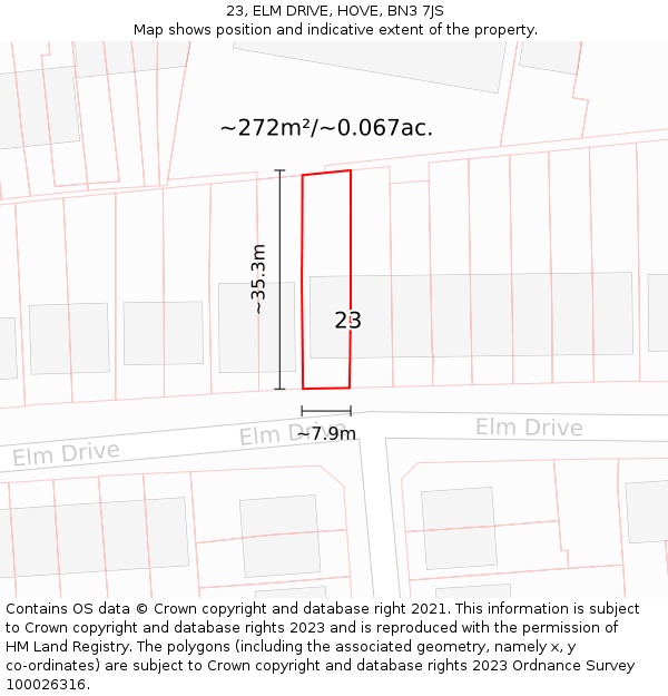 23, ELM DRIVE, HOVE, BN3 7JS: Plot and title map