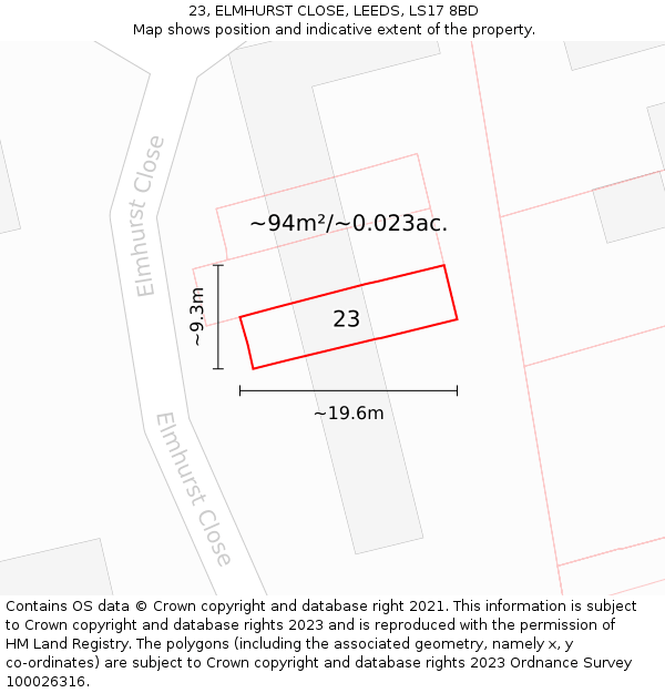 23, ELMHURST CLOSE, LEEDS, LS17 8BD: Plot and title map