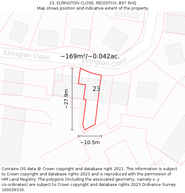 23, ELRINGTON CLOSE, REDDITCH, B97 6HQ: Plot and title map