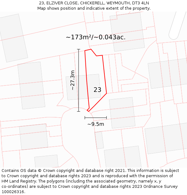 23, ELZIVER CLOSE, CHICKERELL, WEYMOUTH, DT3 4LN: Plot and title map