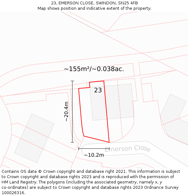 23, EMERSON CLOSE, SWINDON, SN25 4FB: Plot and title map