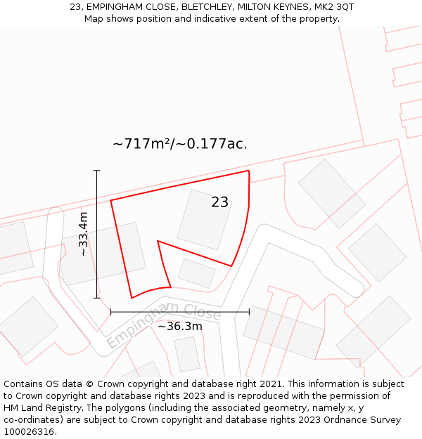 23, EMPINGHAM CLOSE, BLETCHLEY, MILTON KEYNES, MK2 3QT: Plot and title map