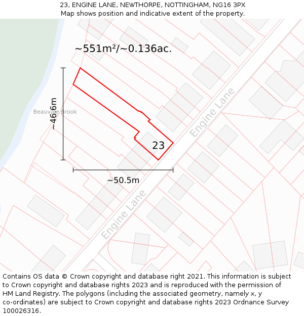 23, ENGINE LANE, NEWTHORPE, NOTTINGHAM, NG16 3PX: Plot and title map
