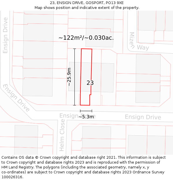 23, ENSIGN DRIVE, GOSPORT, PO13 9XE: Plot and title map