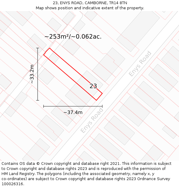 23, ENYS ROAD, CAMBORNE, TR14 8TN: Plot and title map