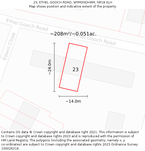 23, ETHEL GOOCH ROAD, WYMONDHAM, NR18 0LH: Plot and title map