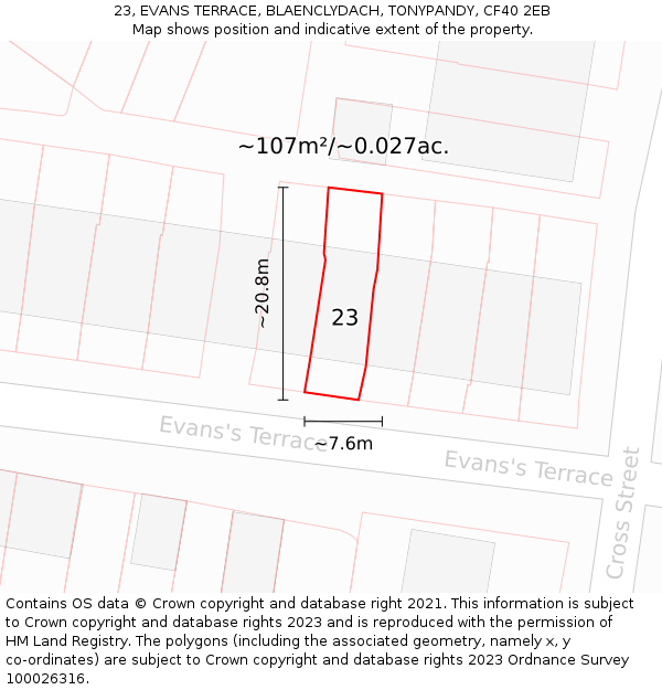 23, EVANS TERRACE, BLAENCLYDACH, TONYPANDY, CF40 2EB: Plot and title map