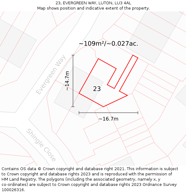 23, EVERGREEN WAY, LUTON, LU3 4AL: Plot and title map