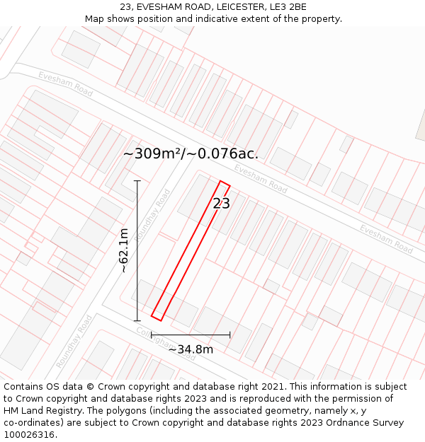 23, EVESHAM ROAD, LEICESTER, LE3 2BE: Plot and title map