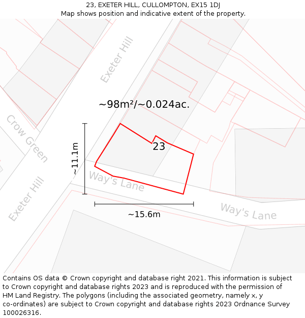 23, EXETER HILL, CULLOMPTON, EX15 1DJ: Plot and title map